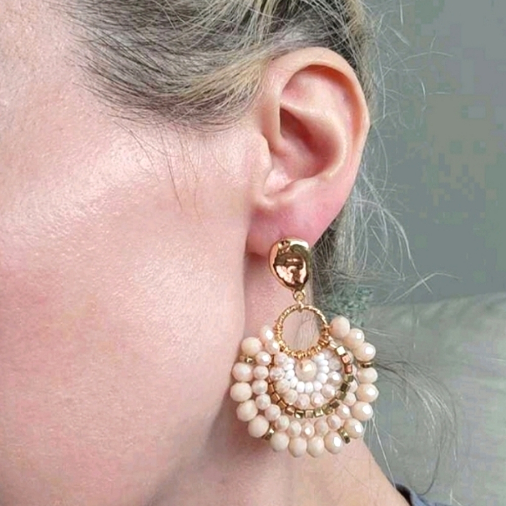 Gold Beaded hoop Earrings pink tone Seed Bead Boho festival dangle 💖 2/$30